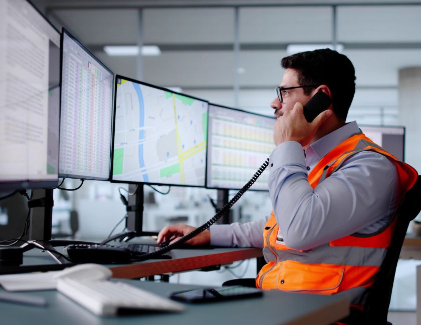 Critical operations solutions for UK businesses image with man on the phone in a high visibility jacket watching computer monitors
